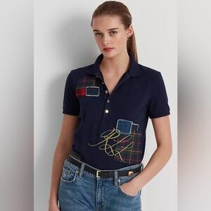 Ralph Lauren Navy Patchwork Pique Polo Shirt with Plaid Accents.